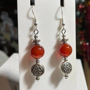 Artisan Handmade Red Agate Stone Celtic Boho Style Pierced Earrings 2” NEW